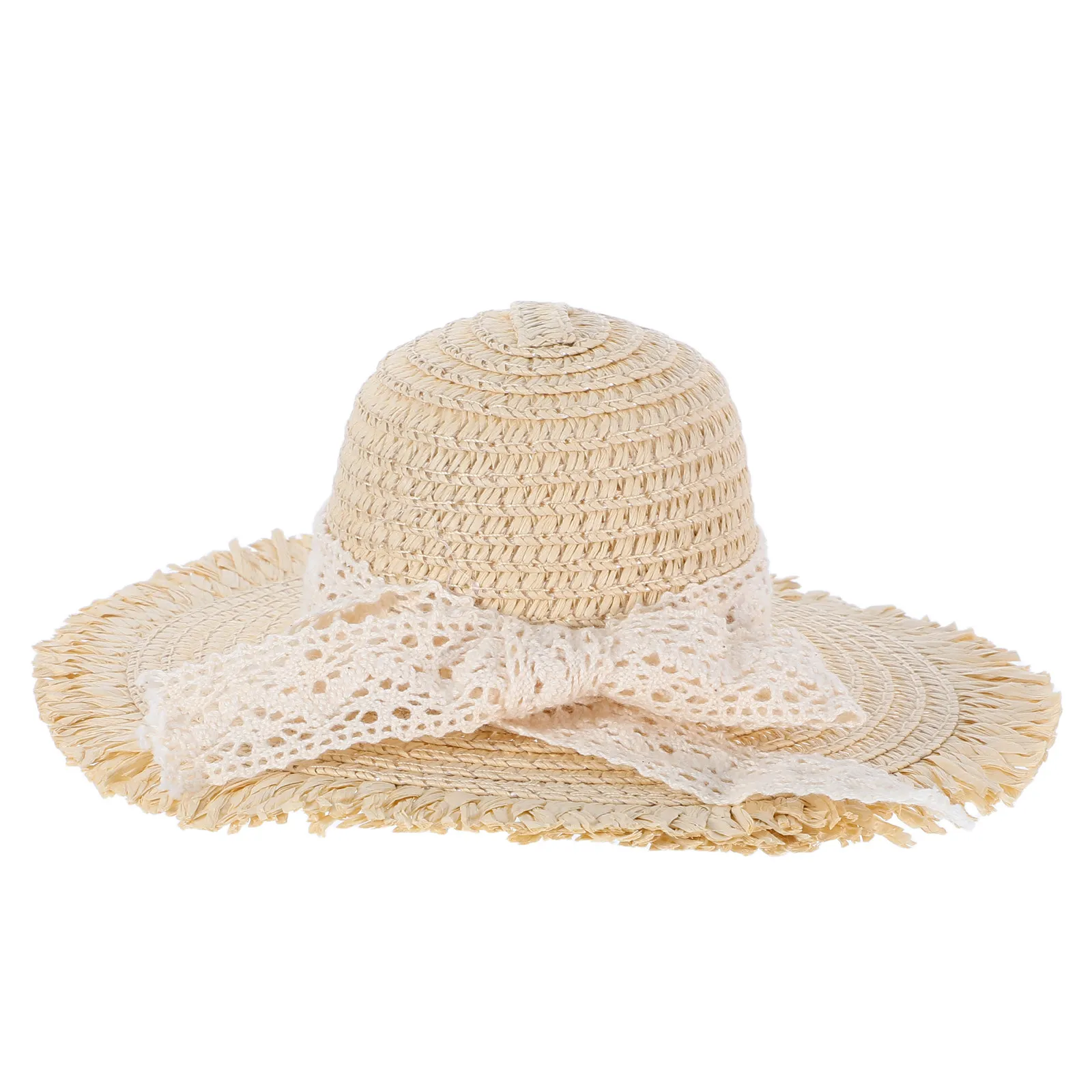 Chapéu de Palha Miniatura Bege com Laço de Renda, Decoração Elegante para Artesanato e Exibição em Casa de Bonecas, Pequenos Chapéus de Palha Naturais Trançados e Fofos