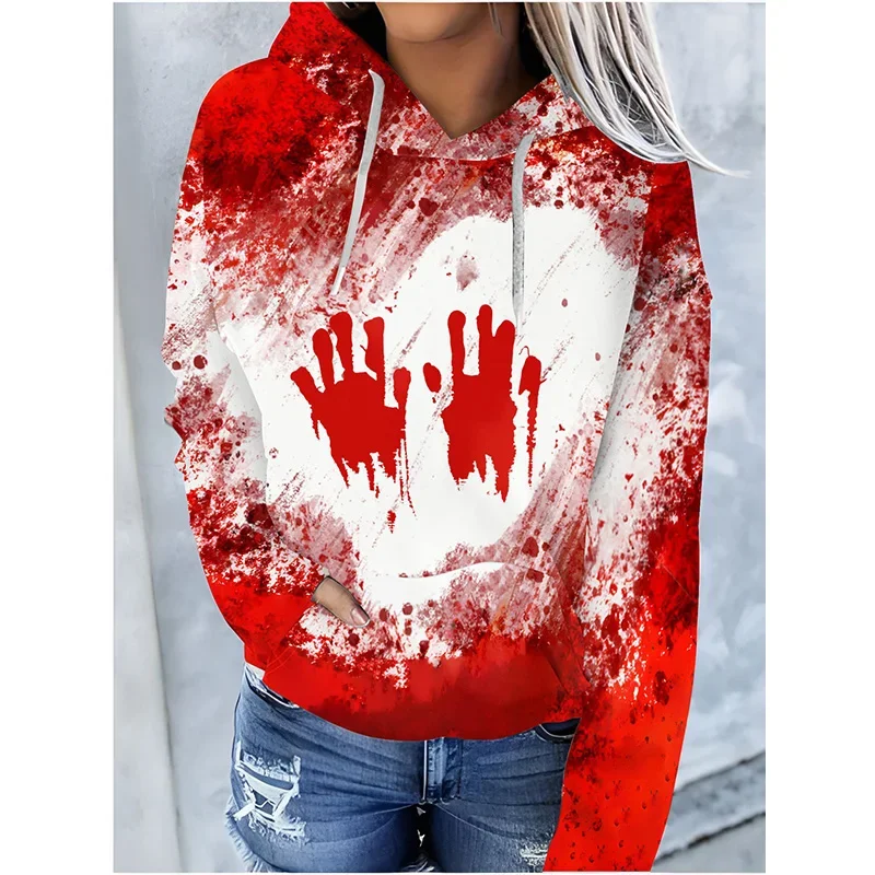 Outono halloween horror sangue 3d impressão hoodie topo moda feminina casual moletom oversized pullovers roupas de treino