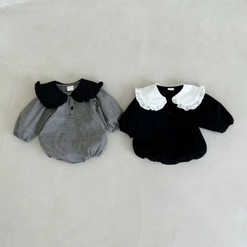 

Autumn Boy Girl Baby Plaid Big Turndown Collar Casual Long Sleeve Onesie Newboorn Infant Solid Cotton All-match Comfort Bodysuit