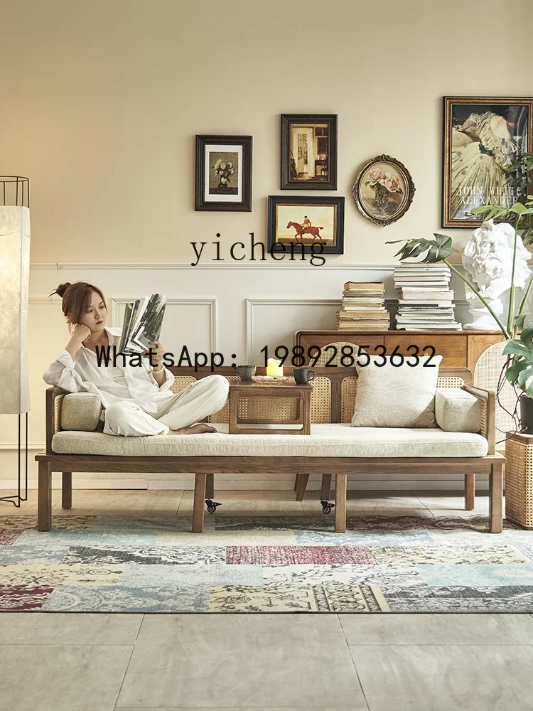

4-10A30-Solid Wood Arhat Bed Ash Retractable Dual-Use Sofa Bed Folding Bed Rattan Sofa