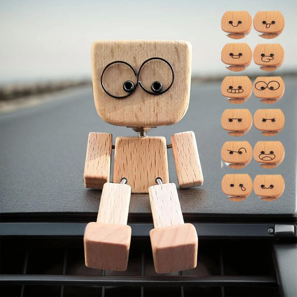 شكل خشبي ساحر مع زخارف منفذ هواء لوحة قيادة السيارة ذات الساق الربيعية مع 12 تعبيرًا مغناطيسيًا للوجه لديكورات المنزل #2