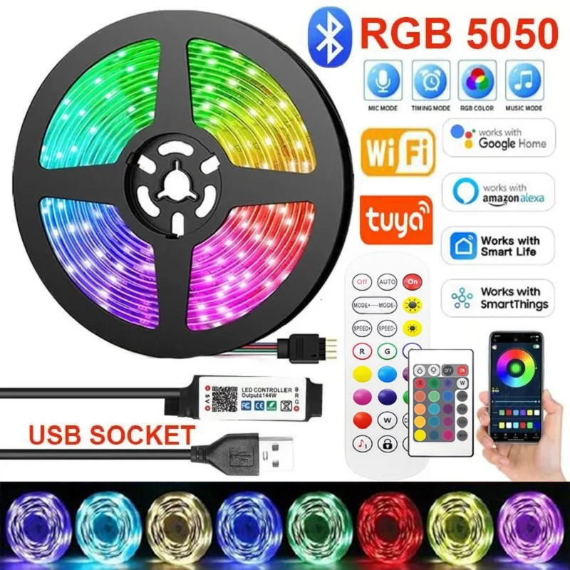 

1-30M/1180Inch RGB 5050 Led Strip Lights 5V USB Tuya WiFi App Control Color-Changing Lamp Tape For Alexa Christmas Bedroom Decor