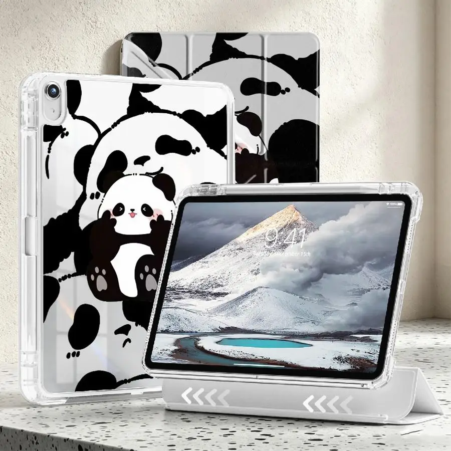 Cute Cartoon Panda With Pen Slot Cover Tablet Case For iPad 10th Gen 9th 12th 11th Mini 7 6 5 Air 8 M2 M3 3 Pro 13 2025 2026
