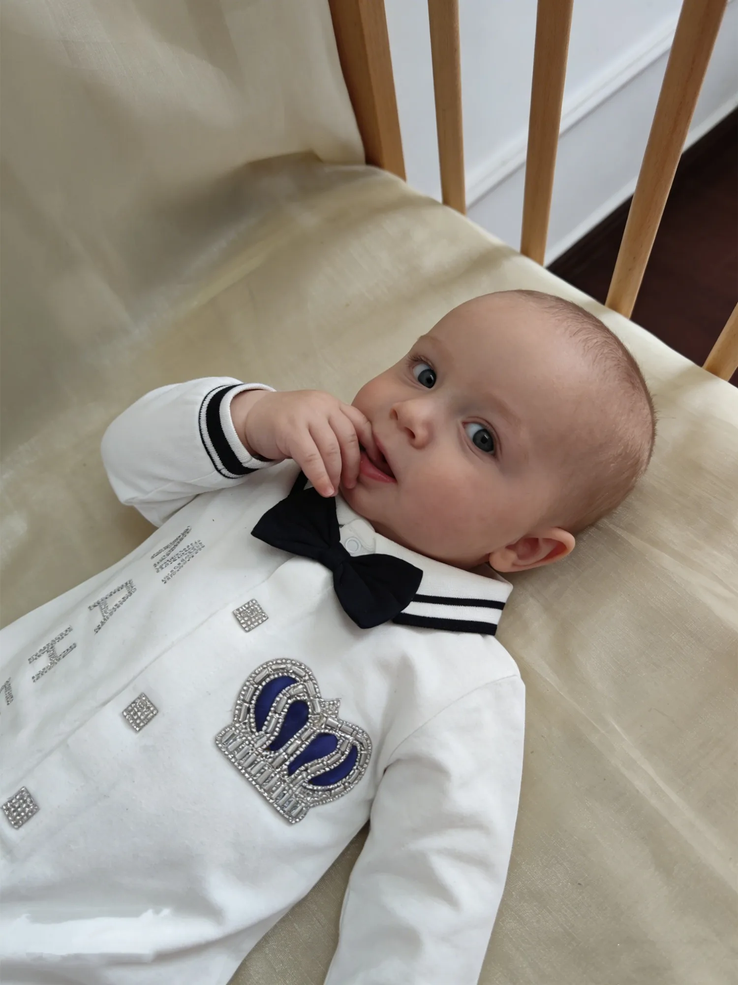 Baby Boy Navy White Crown Outfit - Knit Vest Onesie Hat with Rhinestone Crown & Bowtie - Formal for Baptism, Baby Shower