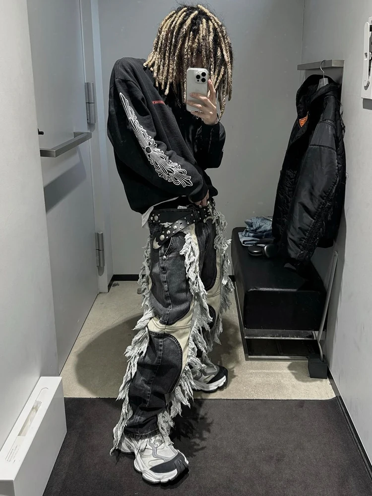 

Thug Club Heavyweight Fringed Mohawk Patchwork Color Blo Straight Leg Casual Waed Denim Jeans for Men Trendy Loose Fit