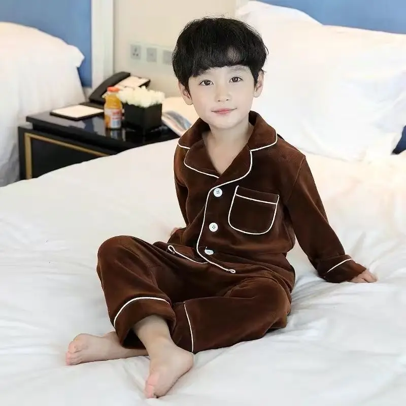 Korean Children's Pajamas Fall and Winter New Sea Island Fleece Boys Long-sleeved Home Wear Loose Boys and Girls Warm Pajamas