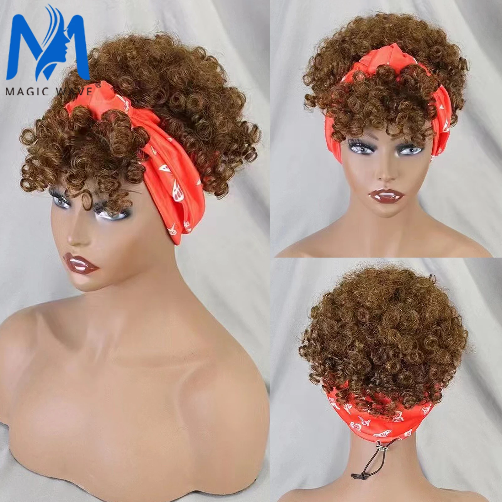 

Fluffy Curly Scarf Wig with Bangs Brown Afro Bouncy Curly Headband Wig Afro Kinky Bouncy Curly Human Hair Headband Wigs