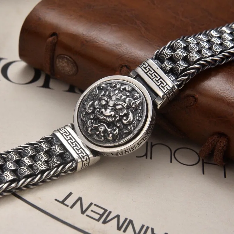 Vintage Antiqued Rotatable Pixiu Bracelet for Men, Heavy Duty Trendy Retro Feng Shui Lucky Charm Fashion Wrist Jewelry