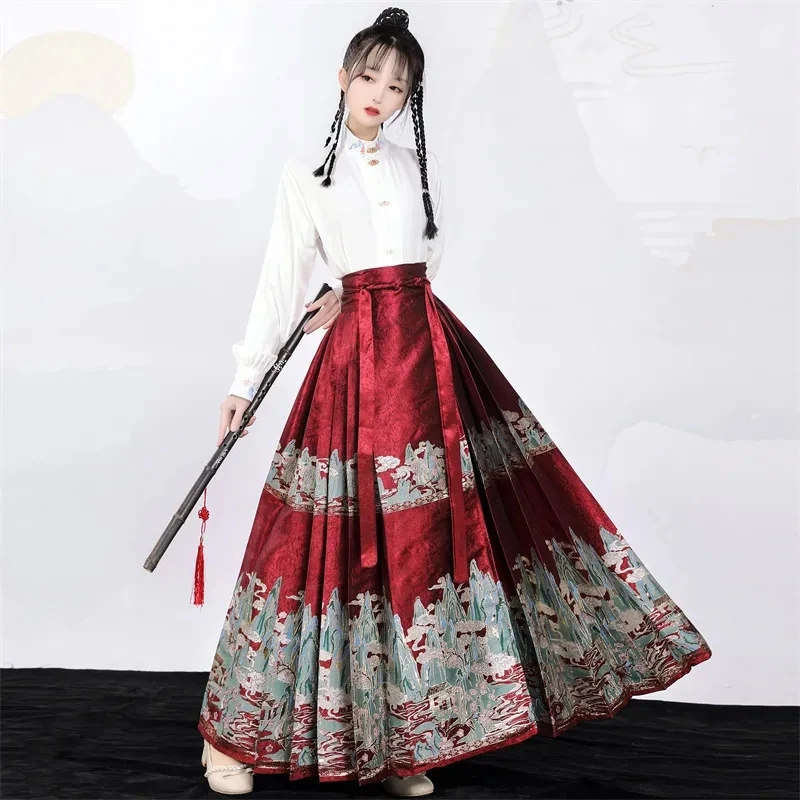 Женская юбка Hanfu с изображением лошади, традиционная китайская винтажная женская рубашка и юбка, красного, черного и бежевого цвета, лето 2023