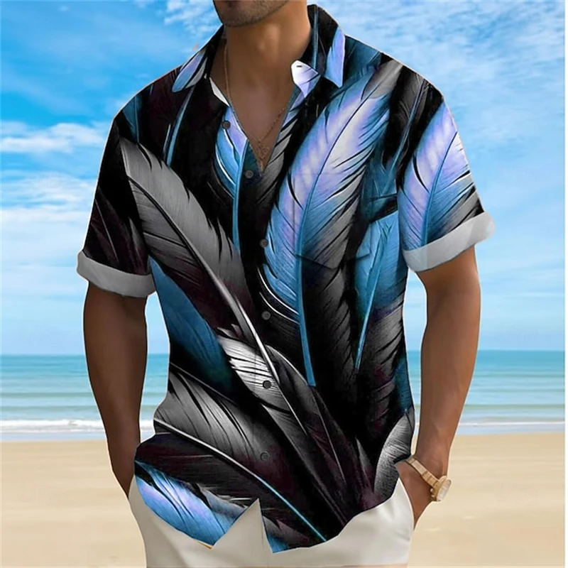 3d Print Feather Pattern Hawaiian Shirts New Men's Shirt Summer Daily Casual Short Sleeve For Men Loose Oversized Y2k Clothing