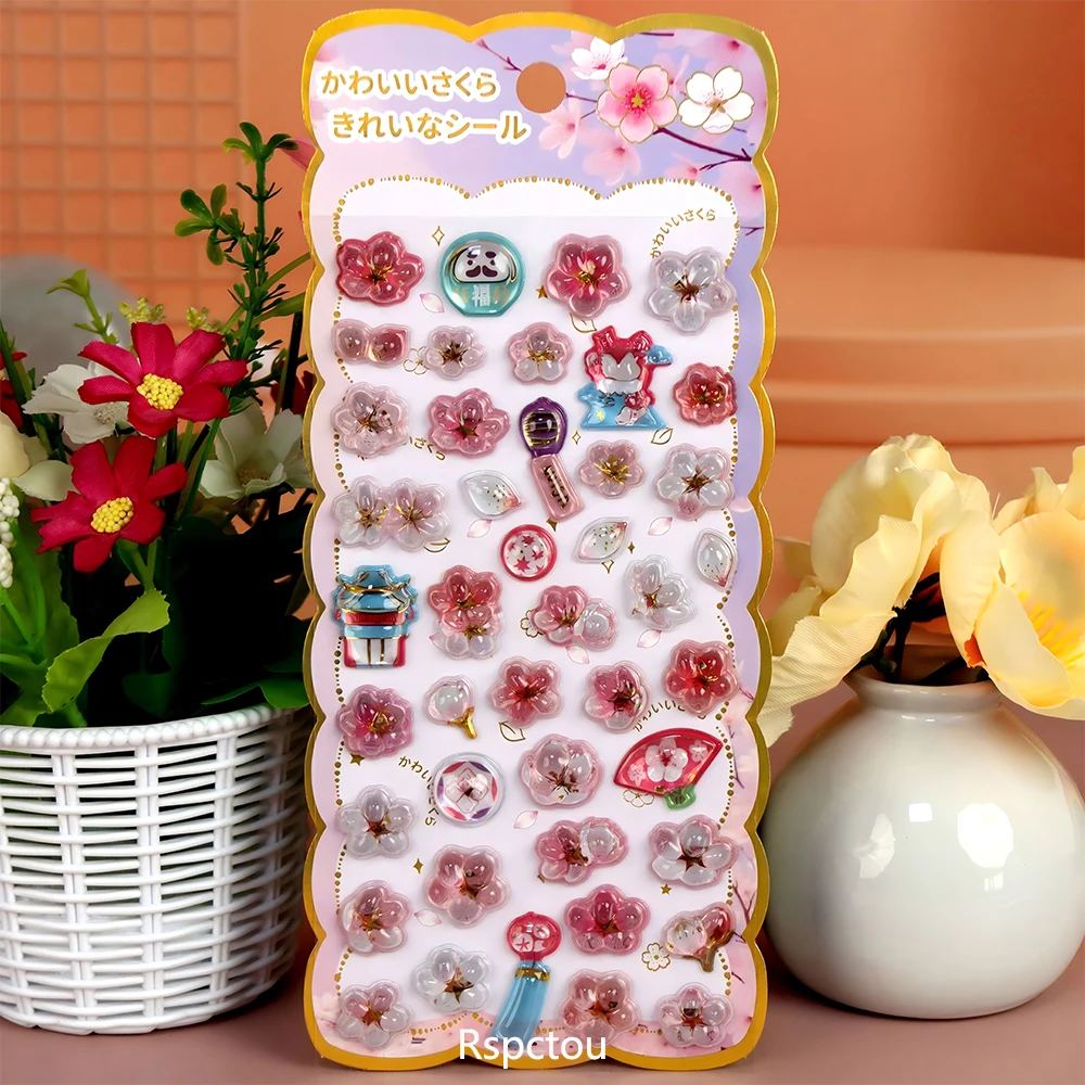 

4pcs Kawaii Cartoon Japanese Sakura 3D Crystal Stickers Cute Cherry Blossom Cat Relief Decals Laptop Phone Suitcase Sticker Gift