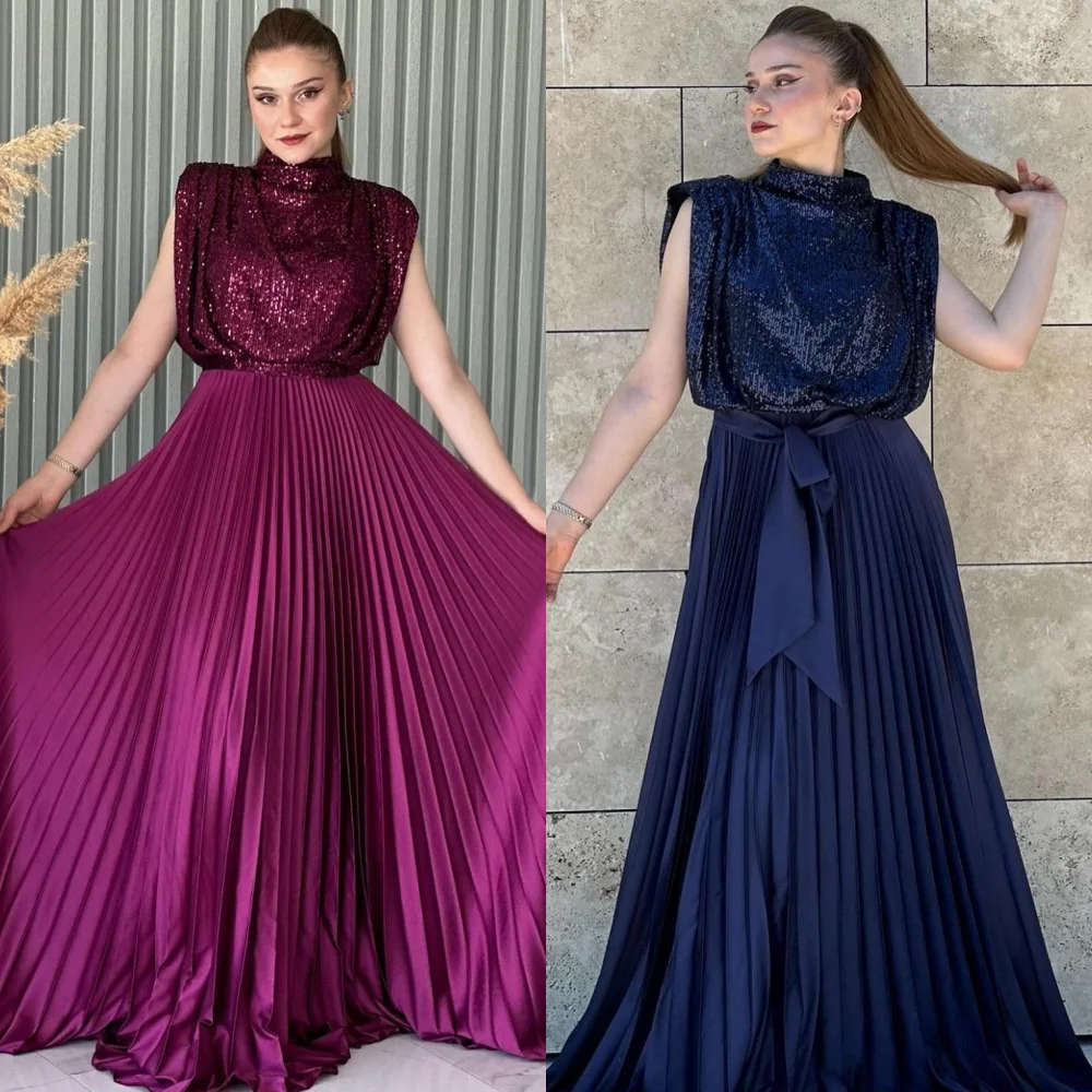 

Satin Sequined Cocktail Party A-line High Collar Bespoke Occasion Gown Long Dresses