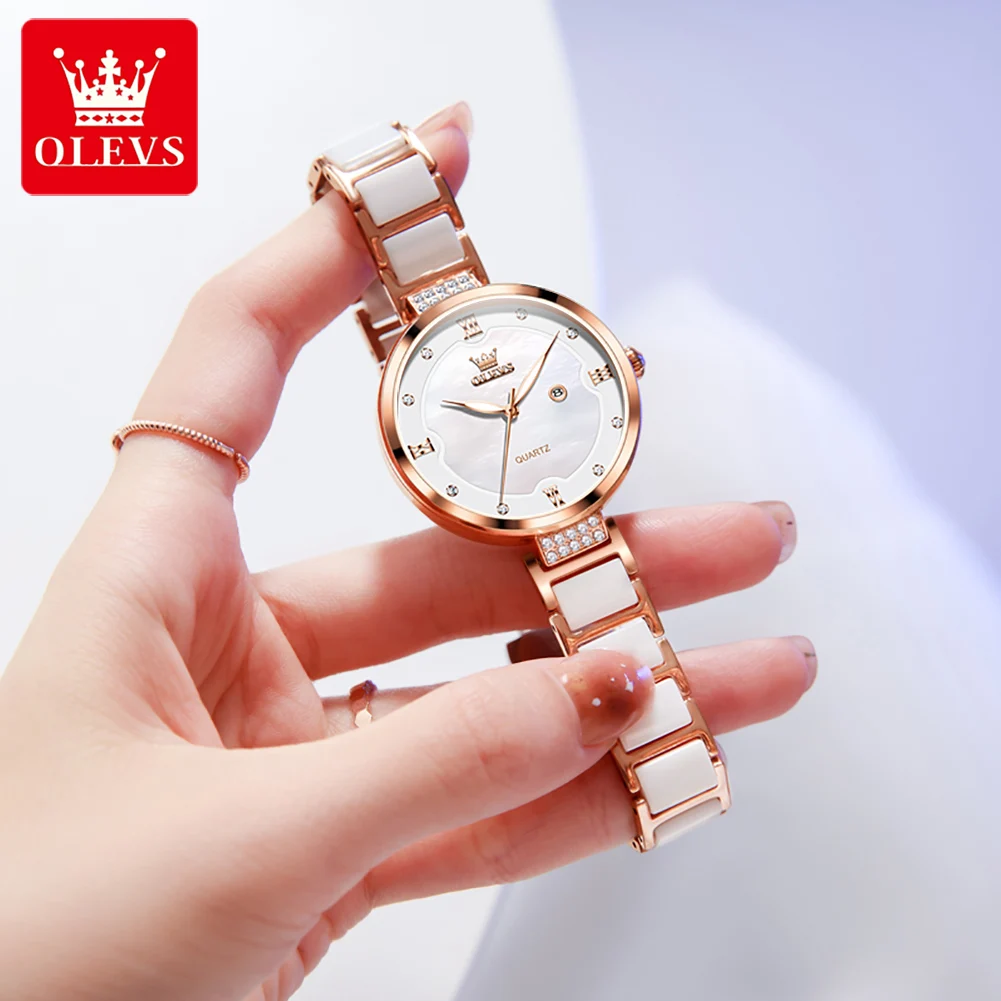 OLEVS Women\'s Watches Elegant Fashion Ceramic Strap Watch for Ladies Bracelet Gift Box Set Waterproof Luminous Date