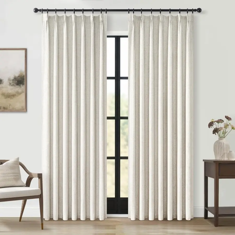 

Pinch Pleated Curtains 96 Inch Long, 100 Blackout Thermal Insulated Natural Linen Pinch Pleat Viral Drapes with Hooks Rings 2 Pa
