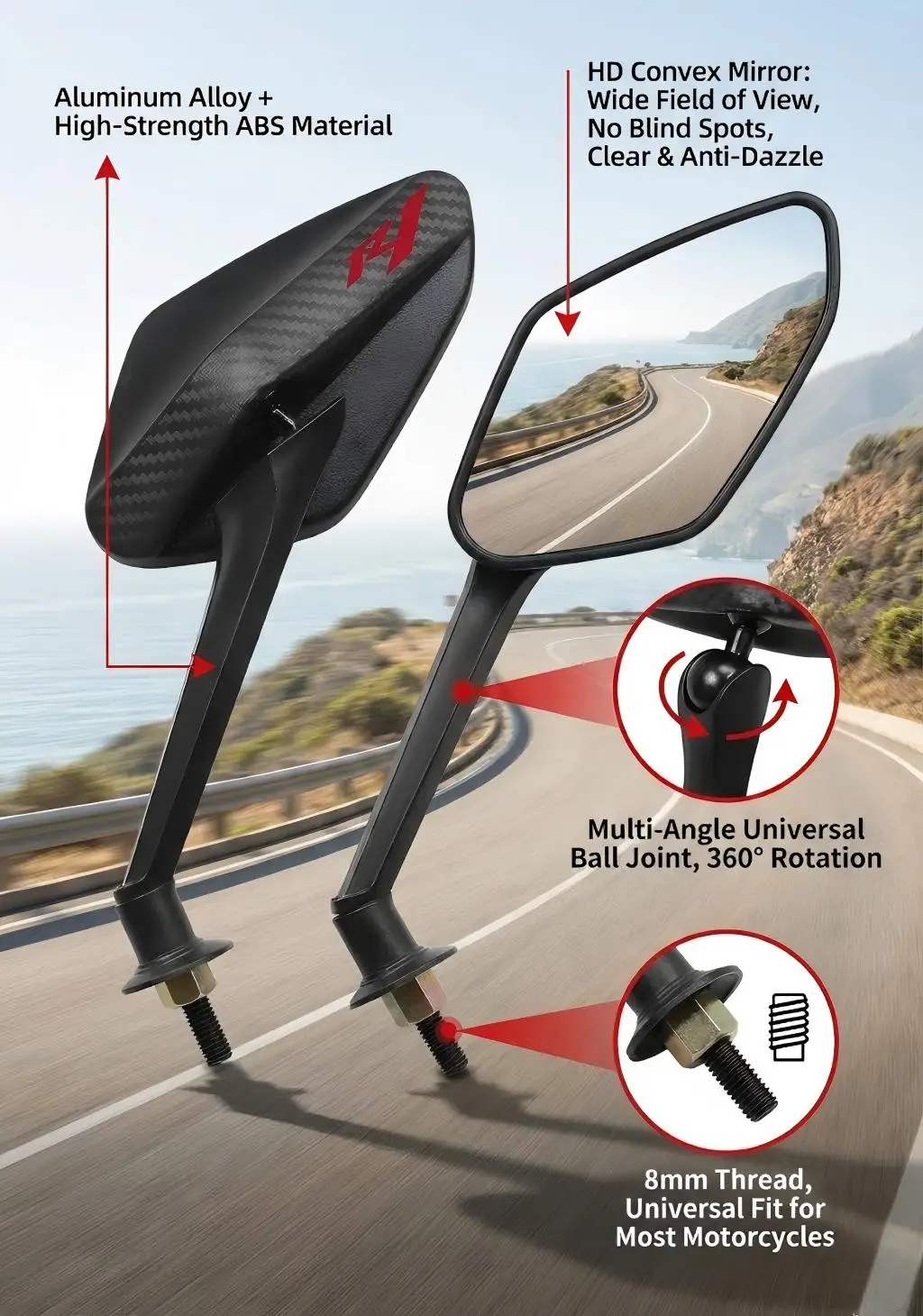 

Motorcycle Carbon Fiber Rearview Side Mirror For Yamaha R1 YZFR1 YZF-R1 2016 2018 2019 2020 2021 Aluminum alloy rearview mirror