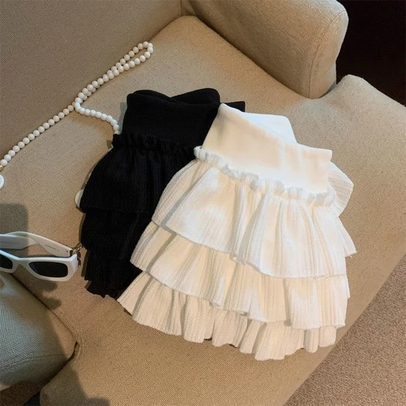 Sweet Puffy Cake Women Skirts Fashion Ruched Ruffle Mini Skirt Campus Female Casual Versatile Elastic Waist Solid Skirt