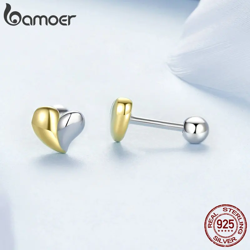 BAMOER Pendientes de plata de ley 925 con mini corazón de dos tonos, pendientes hipoalergénicos chapados en oro para mujer BSE1089