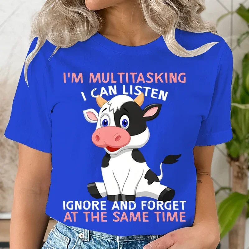 Litter Cute Cow Print Short Sleeved T-shirts I\'M MULTITASKING Graphic Tshirts Women Crew Neck Women\'s T-shirt Summer Casual Tops
