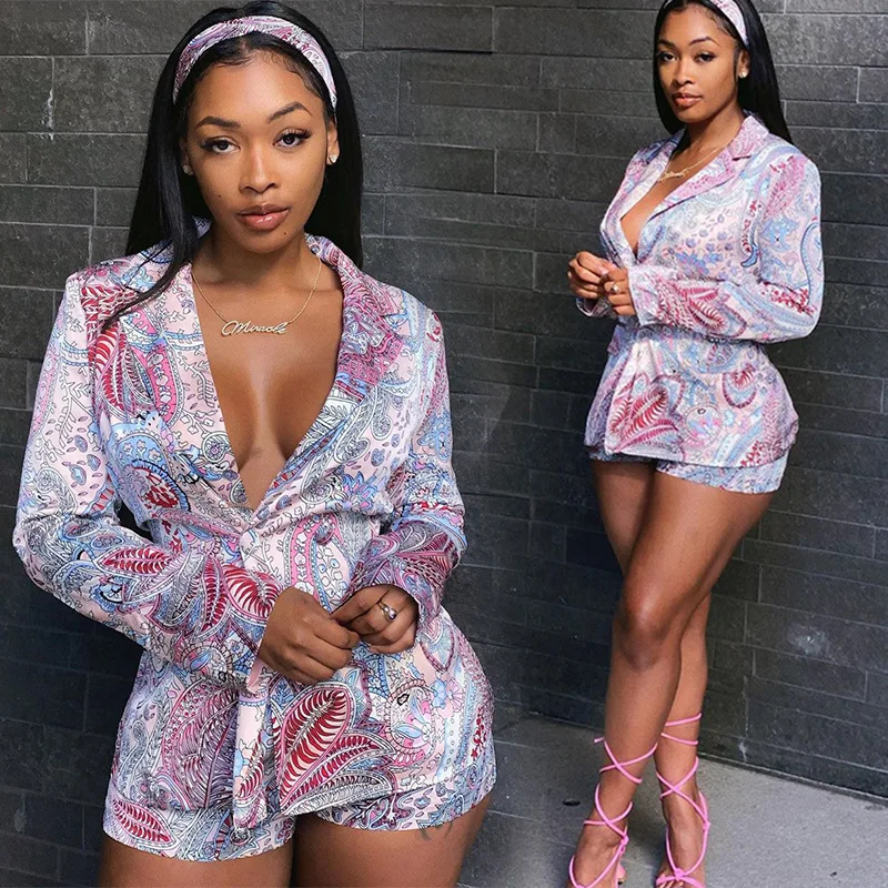 ZL13802022 Summer Women's Fashion Printed Suit Jacket Shorts Two-Piece Set For Women