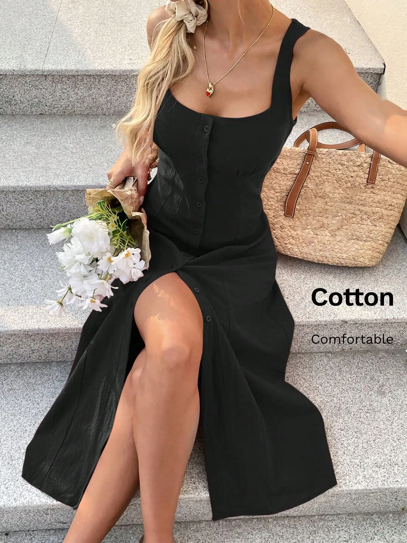 

Black Square Neck Button Front Midi Dress with High Slit, Cotton Fabric