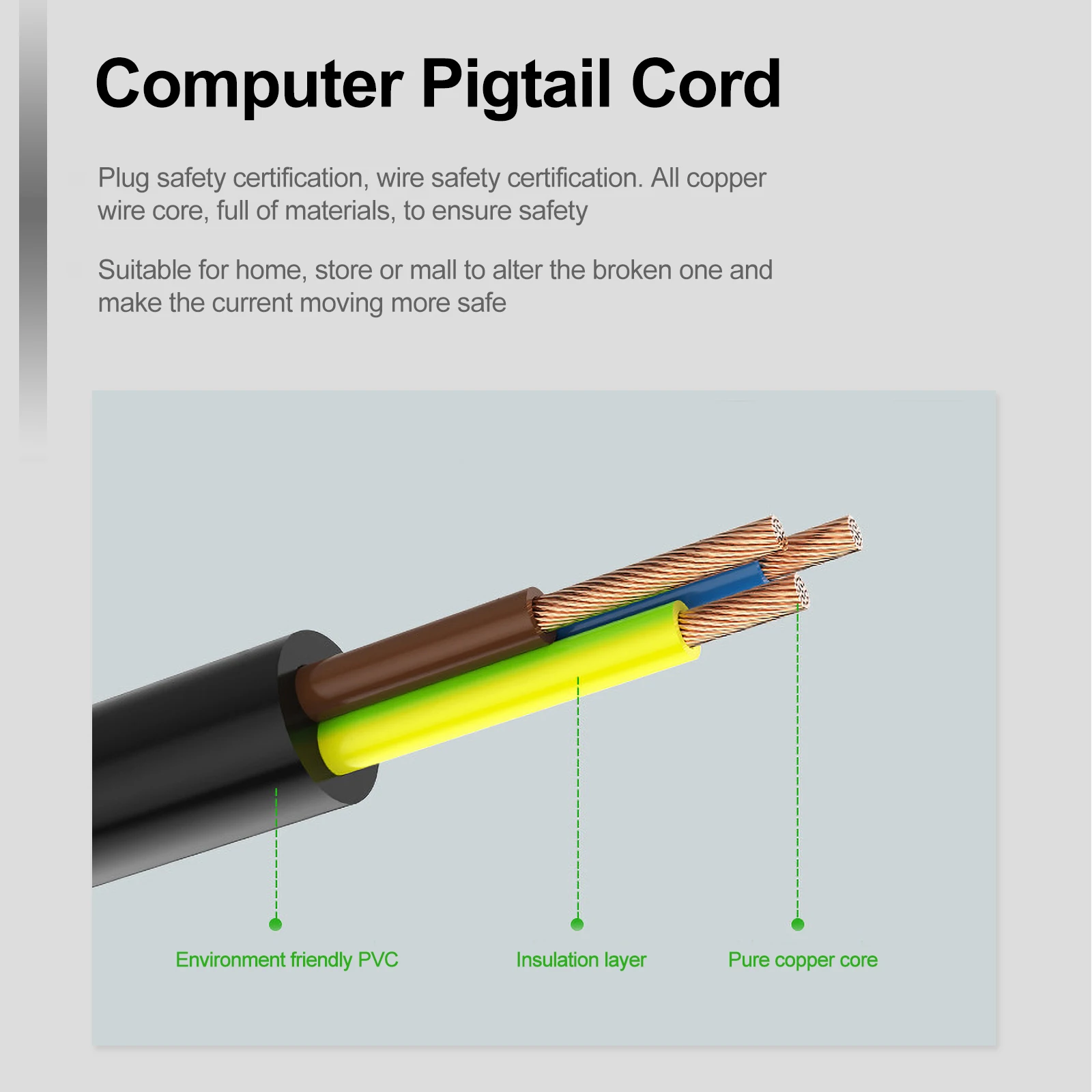 

1pc Us Plug 3-Prong Retardant Plastic Copper Extension Cable For Computer Display Electrical Equipment Power Line