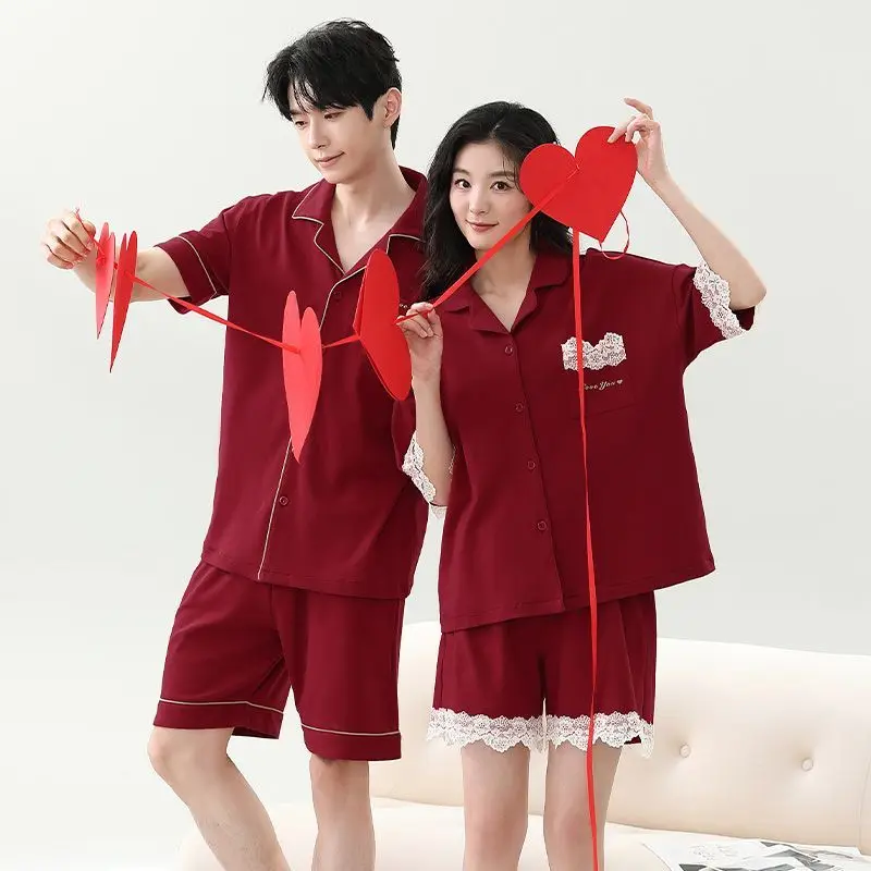 Pajamas new couple pajamas summer newlywed wedding red men and women cotton festive home wear pajamas set