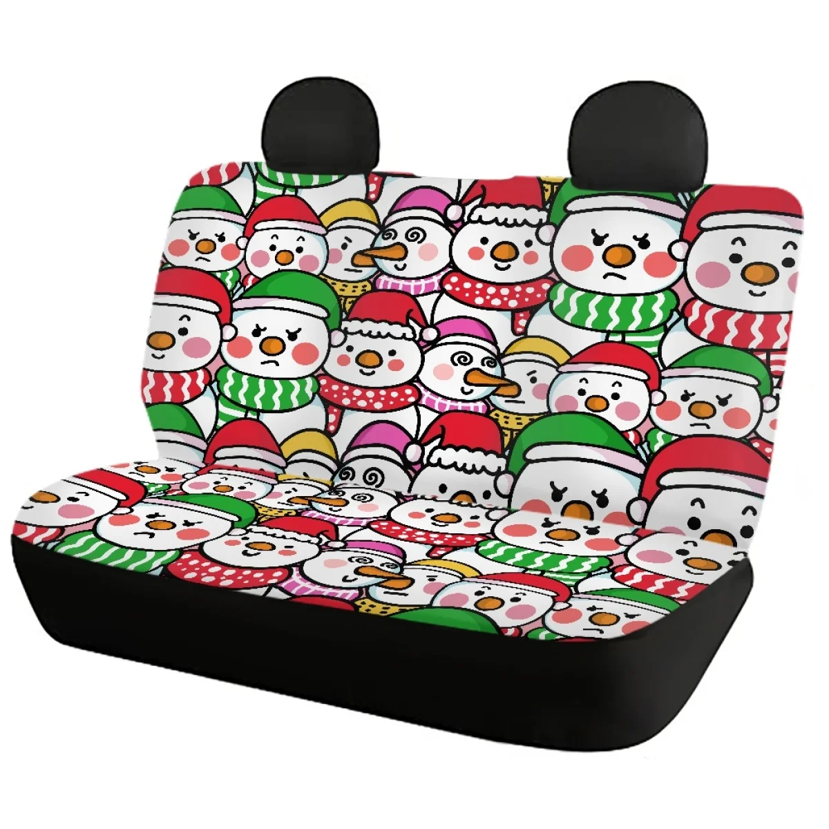 Merry Christmas Snowman Hat Pattern Car Front Back Seat Cover Set Comfort Material Washable Vehicle Clean Protector Custom Image