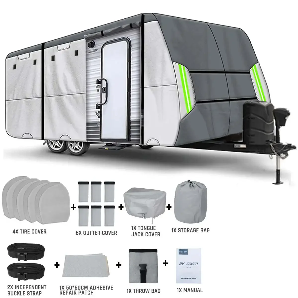 16ft-30ft RV Caravan Cover Kit Camper Shelter Canopy w/Tire & Towing Jack Cover Anti-UV Waterproof Snow Ice Frost Resistant