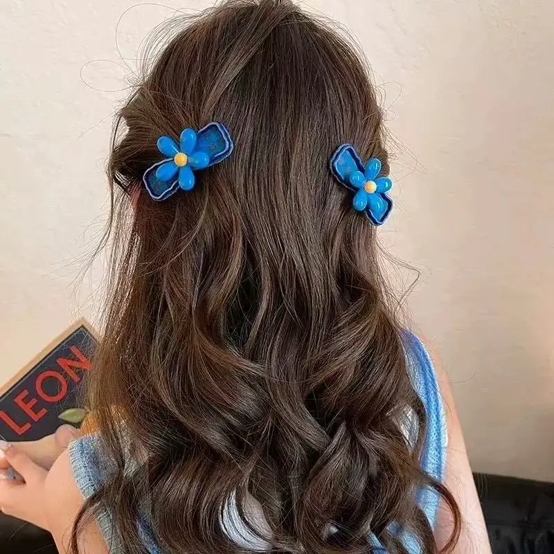 Sweet Floral Plaid Snap Hair Clip Cute Flower Fabric Checkered Barrette Stylish Side Hair Pin For Fix Bangs Broken Hair Women Da