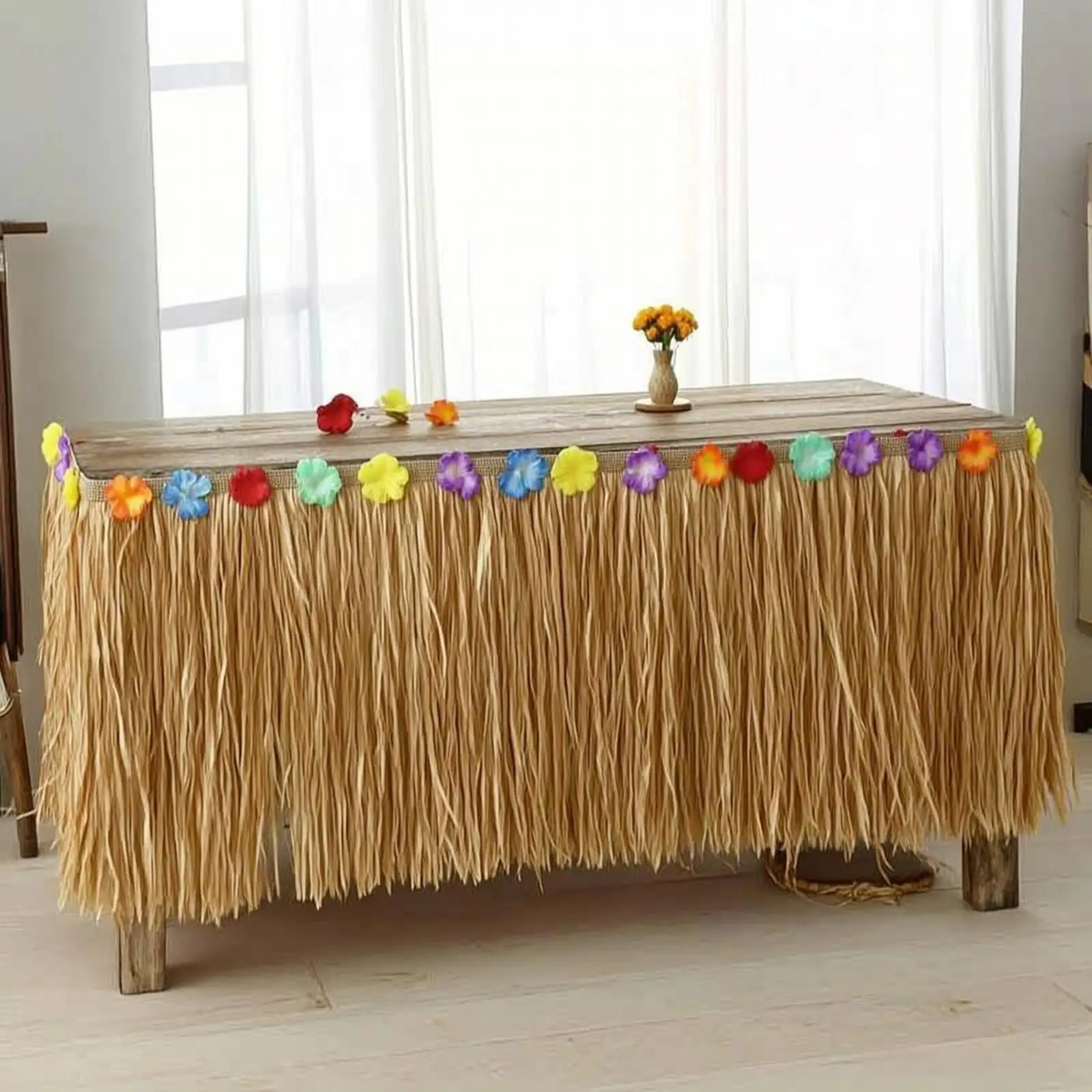 Coastal Party Table Skirt Hawaiian Luau Style Straw Fringe Decoration for Buffet Dessert Tables