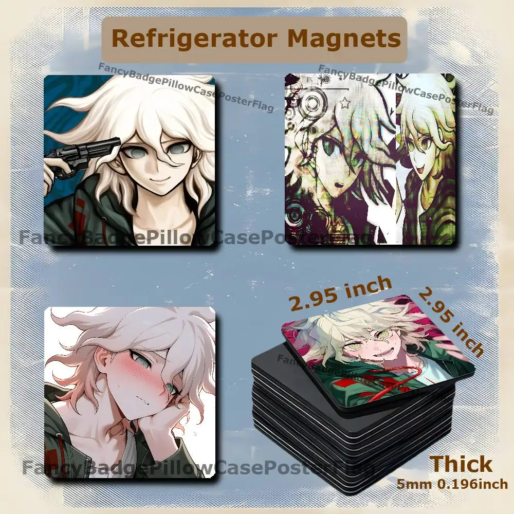 N-Nagito Komaeda Anime 75mm Frigerator Magnet Square Stickers Personalize Fridge Refrigerator Wall Door Decoration