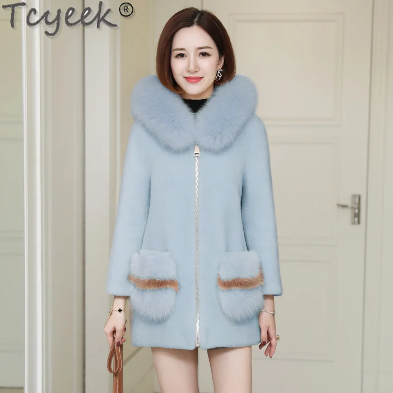 Tcyeek 100% Wool Coat Women Clothes Warm Fox Fur Collar Winter Women\'s Fur Jacket Grain Sheep Shearling Coats Пальто Женское