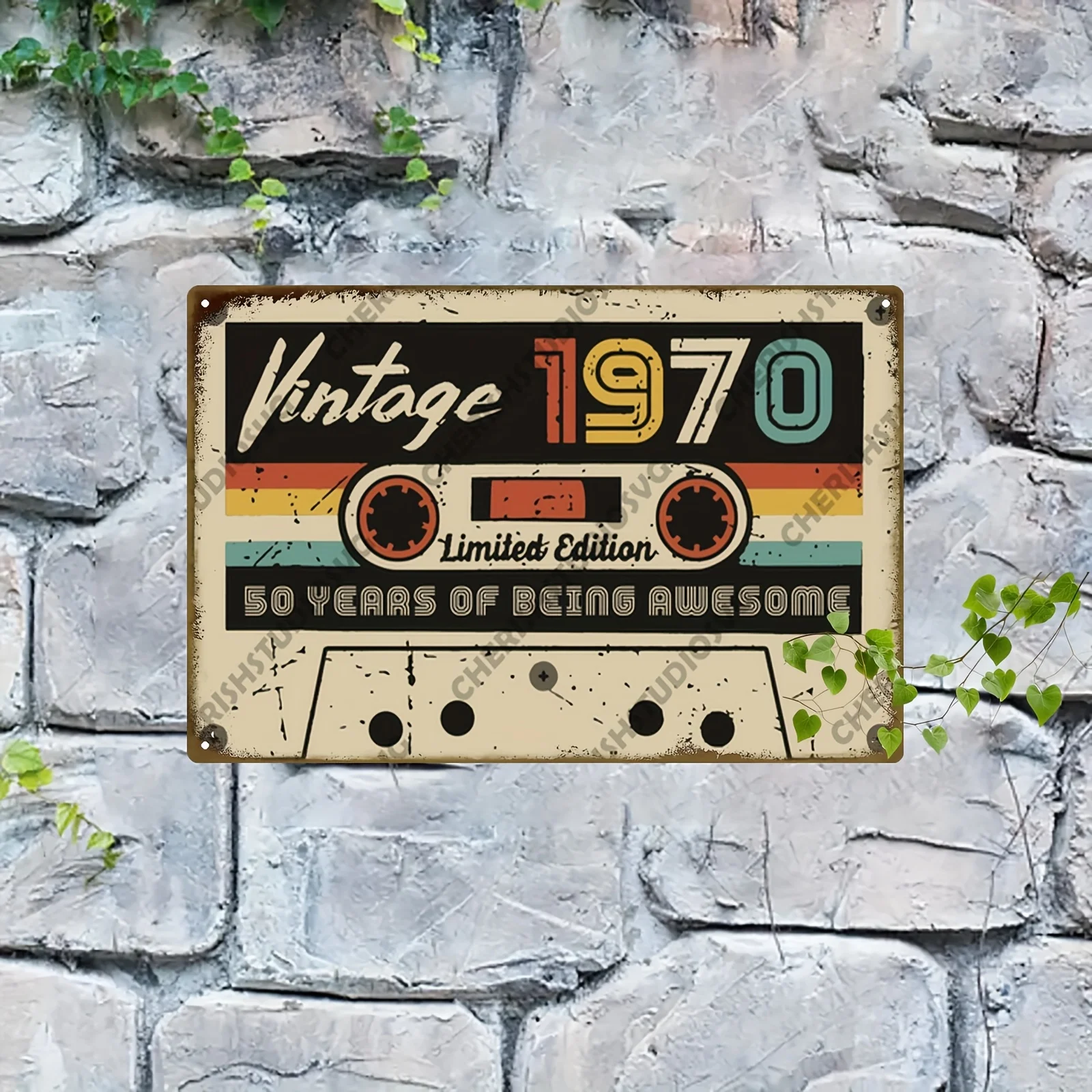 2D Flat, Vintage 1970 Limited Edition Metal Wall Art Sign-50 Years of Cool Retro Cassette Tape Design,  No Power Required