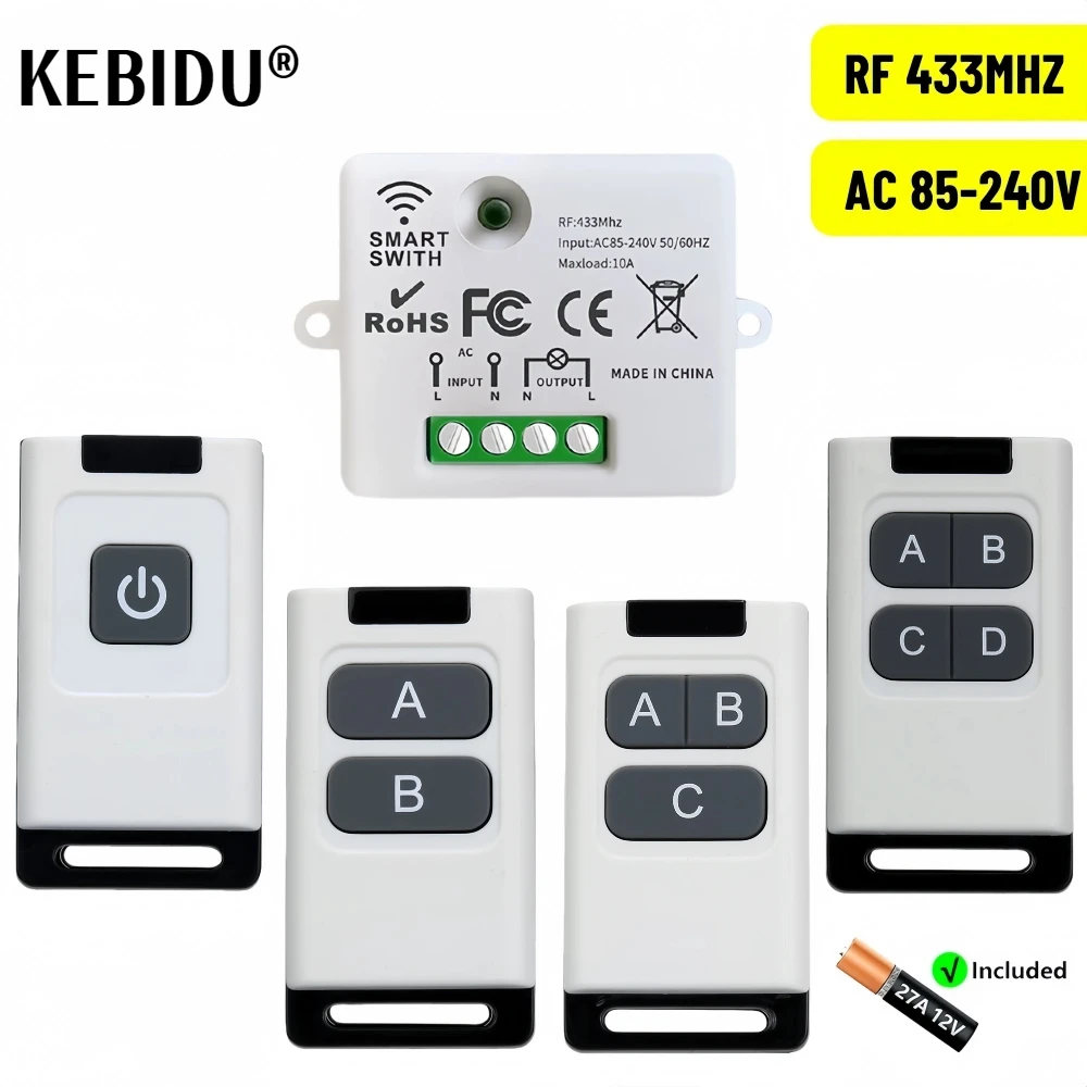 433MHz Wireless Remote Control Light Switch 220V 110V 10A Relay Receiver Control with 1/2/3/4gang Transmitter for Lighting Led 