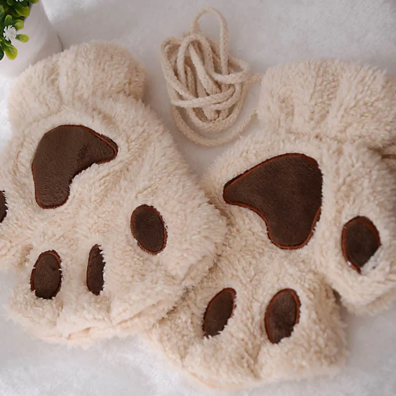 Women Cute Cat Claw Paw Plush Mittens Warm Soft Plush Short Fingerless Fluffy Bear Cat Gloves Costume Half Finger Party Gift