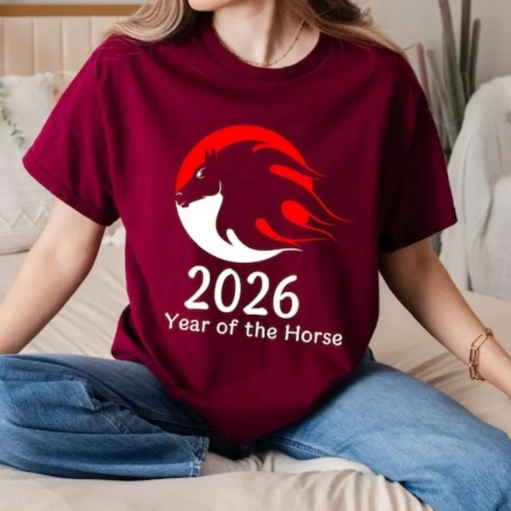 

2026 Year of The Horse Shirt Chinese Zodiac Women Men Tees Lunar New Year T Shirt Red Horse Symbol Top Asian New Year Gift Tees