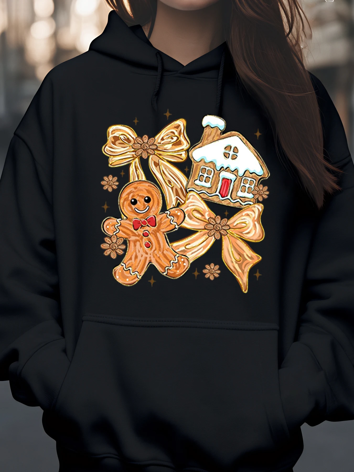 Sweat à capuche de Noël imprimé bonhomme en pain d'épice et maison, vêtements de vacances pour femmes