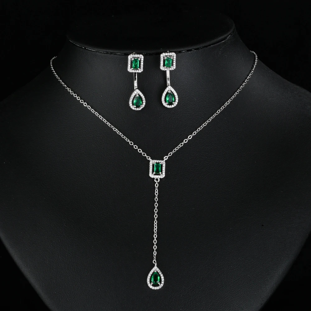 LXOEN 2023 Vintage Green Drop Water Silver Color Bride Dubai Jewelry Set Earings Necklace for Women Wedding Christmas Party Gift