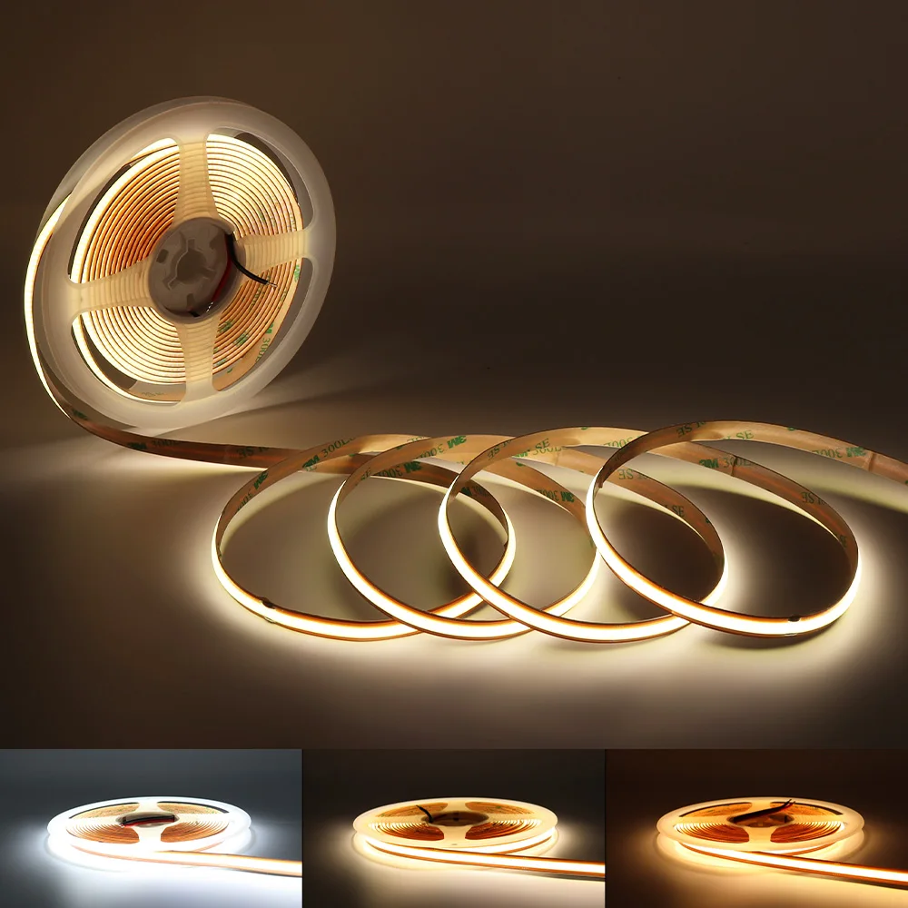 Free Cut COB LED Strip 12V 16.4FT Light Tape 24V LED Flexible Ribbon Lamp 528 LEDs/m 8mm LED Strip for Home Lined Lighting