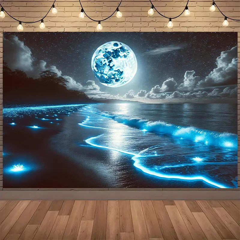 2D Flat Bioluminescent Waves And Moon Beach Scene Tapestry 1pc Versatile Wall Hanging For Indoor And Outdoor Decor Power-Free Ge