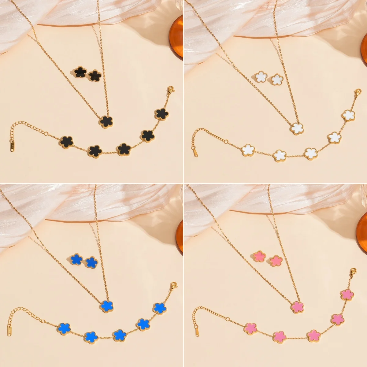 

Double Sided Plum Blossom Bracelet Necklace Earrings 18k Plated Gold Stainless Steel Five Point Star Chain Party Jewelry Clover