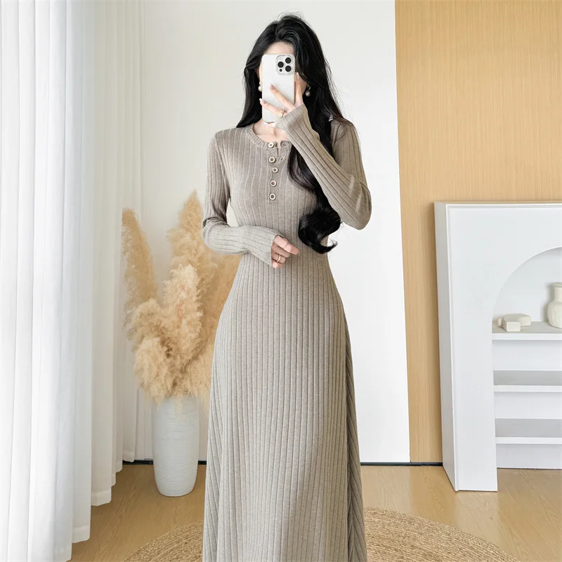 

New Women Autumn Winter Knitted Dress Fashion O-Neck Long Sleeve Elastic Slim Waist Sweater Dress Elegant Basic Long Sweater