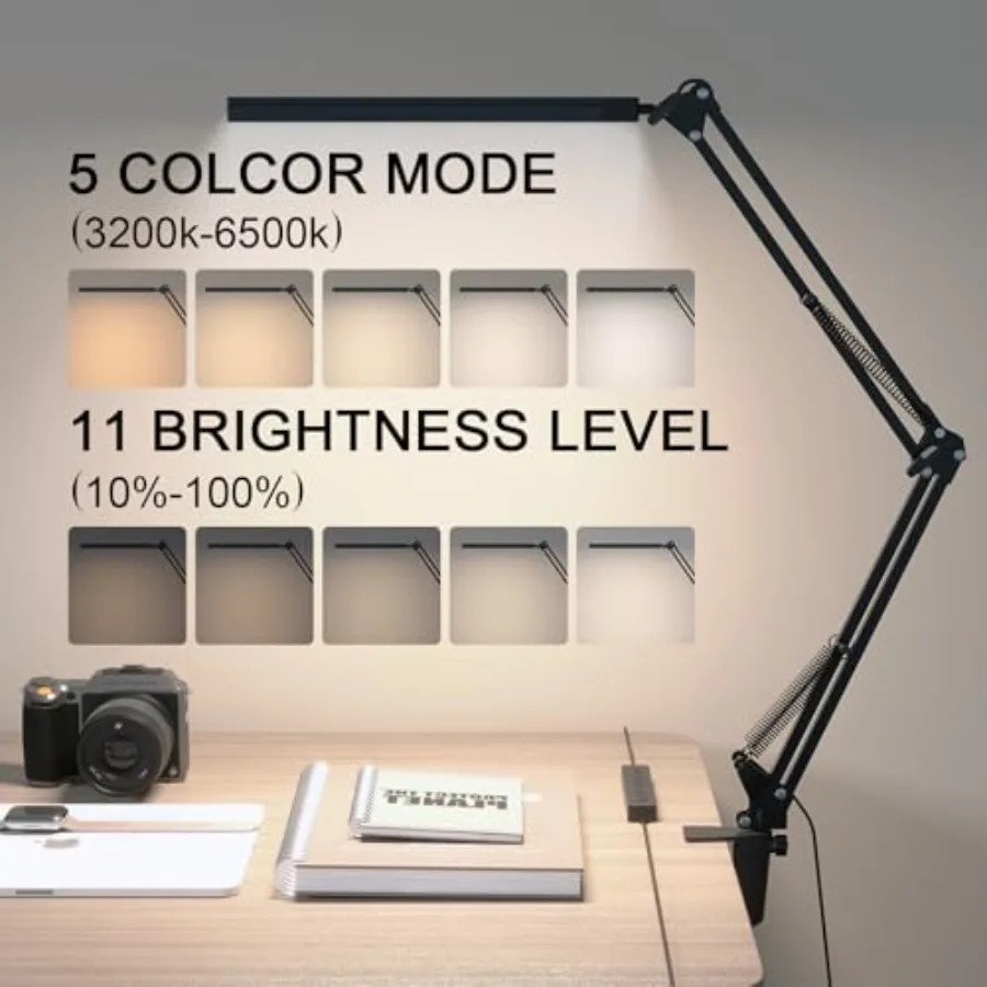 LED Desk Lamp for Home Office and Round Base Clamp-On with 5 Light Modes and Auto Shut Off 14W Adjustable Brightness 5000K Eye-