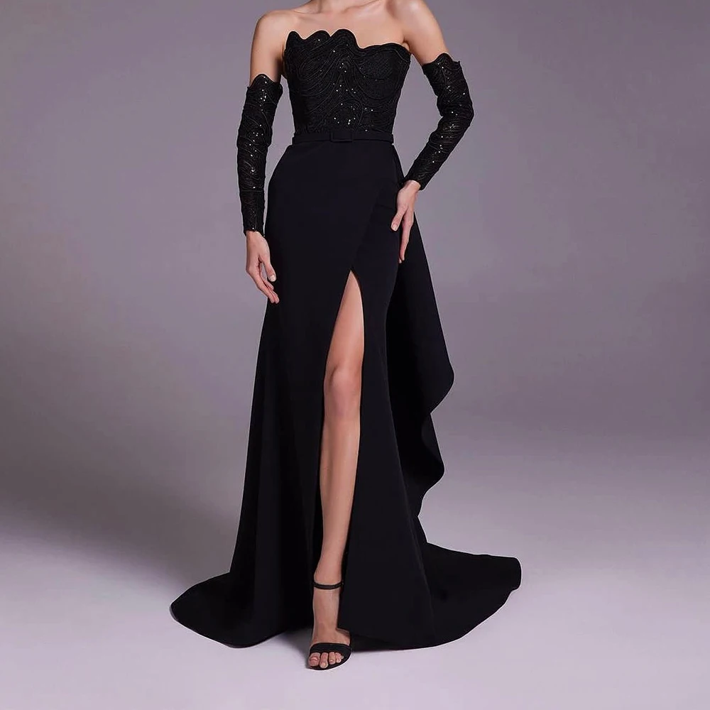 

CustomizedModern Detachable Sleeves Front Slit Panel Train Sequined Belt Crystal Prom Gowns Elegant Jersey Black Evening Dresses