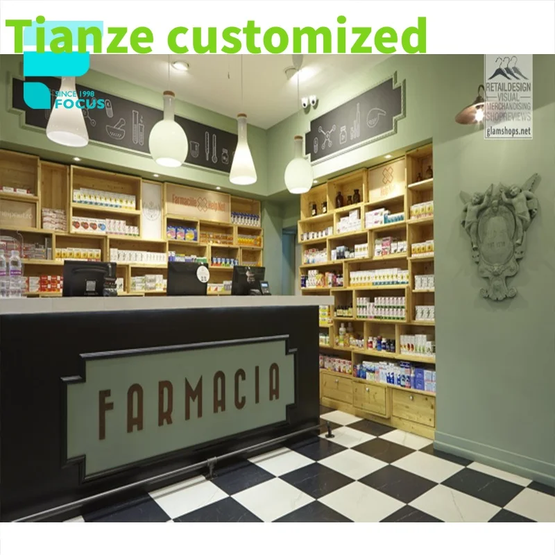 

Customized-Pharmacy Shop Interior Design Customize Medical Store Display Furniture Counter Shelves Pharmacy Store