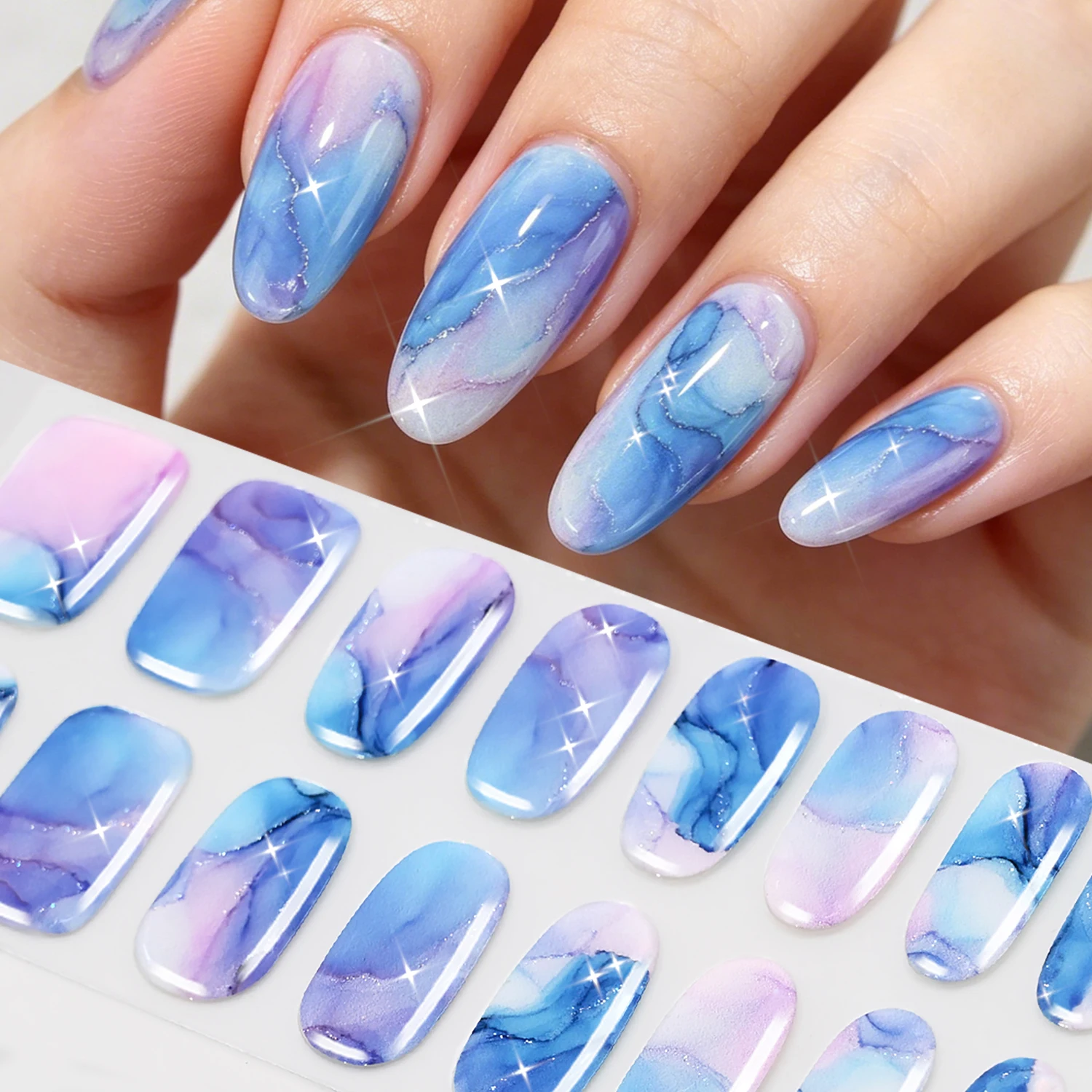 16 Tipps für Aquarell-Smudge-UV-Nagellackstreifen, Backfreie 3D-Glitzer-Marmor-Vollabdeckungs-Nagelstreifen, Selbstklebende Maniküre-Aufkleber – Detail 11