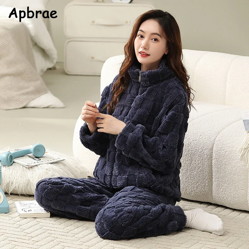 Winter Thick Flannel Pajamas for Women Woman Plus Size M-5XL Solid Soft Sleepwear Warm Velvet Cardigan Homewear Girl Nightwear