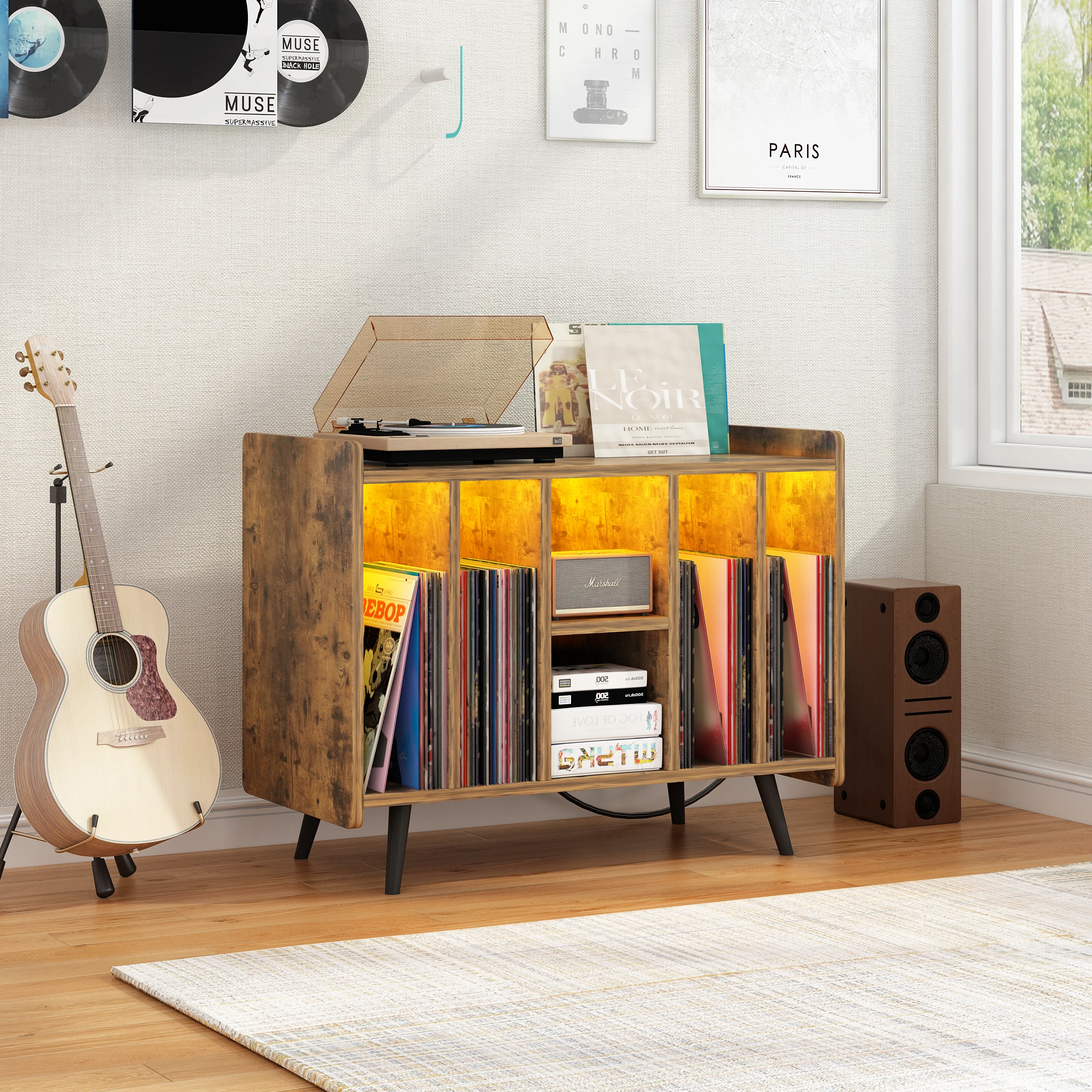 Record Player Stand，Vinyl Record Storage Cabinet ,Turntable Stand with Storage，Album Storage Cabinet with LED Light