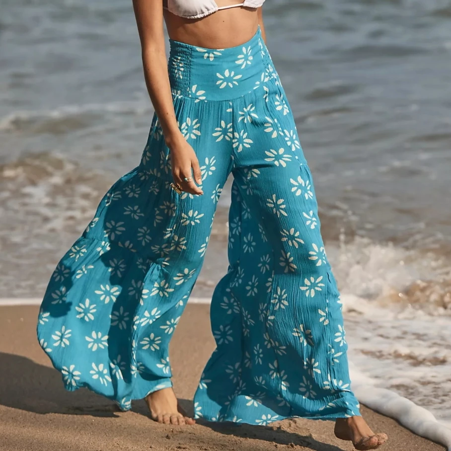 2022 Women Casual Beach Cover-ups Pants Bohemia Style Floral Print Bandage Waist Flare Swimming Trousers Beachwear Long Pants