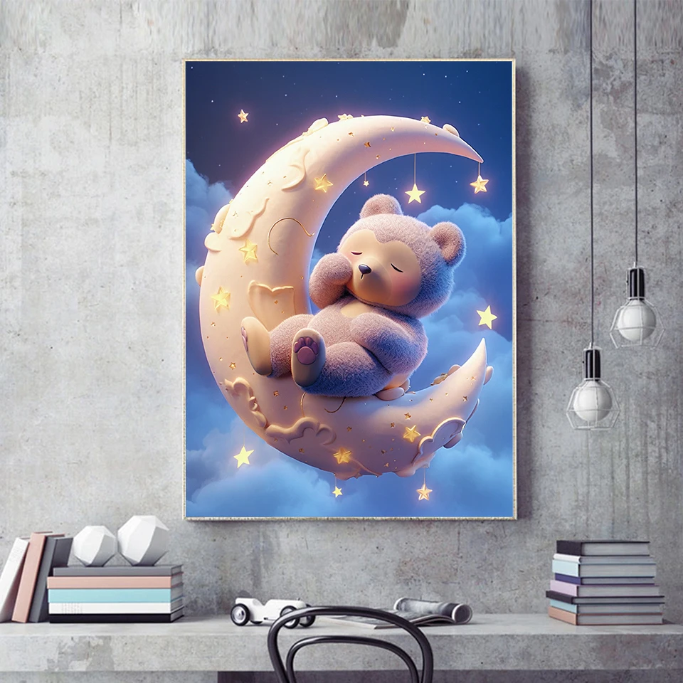 ภาพวาดเพชรรูปสัตว์ปักลายการ์ตูนหมีทำด้วยมืองานปักพลอยเทียมรูปดวงจันทร์ทรงสี่เหลี่ยมทรงกลม AB